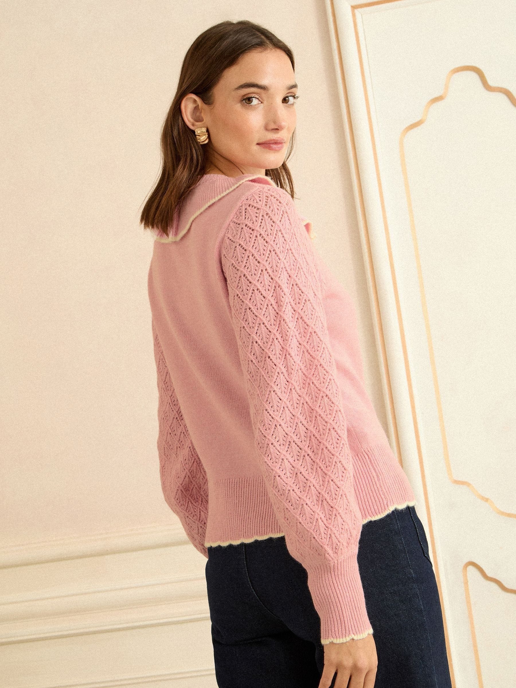 Pale Pink Cosy Pointelle Sleeve Collard Top