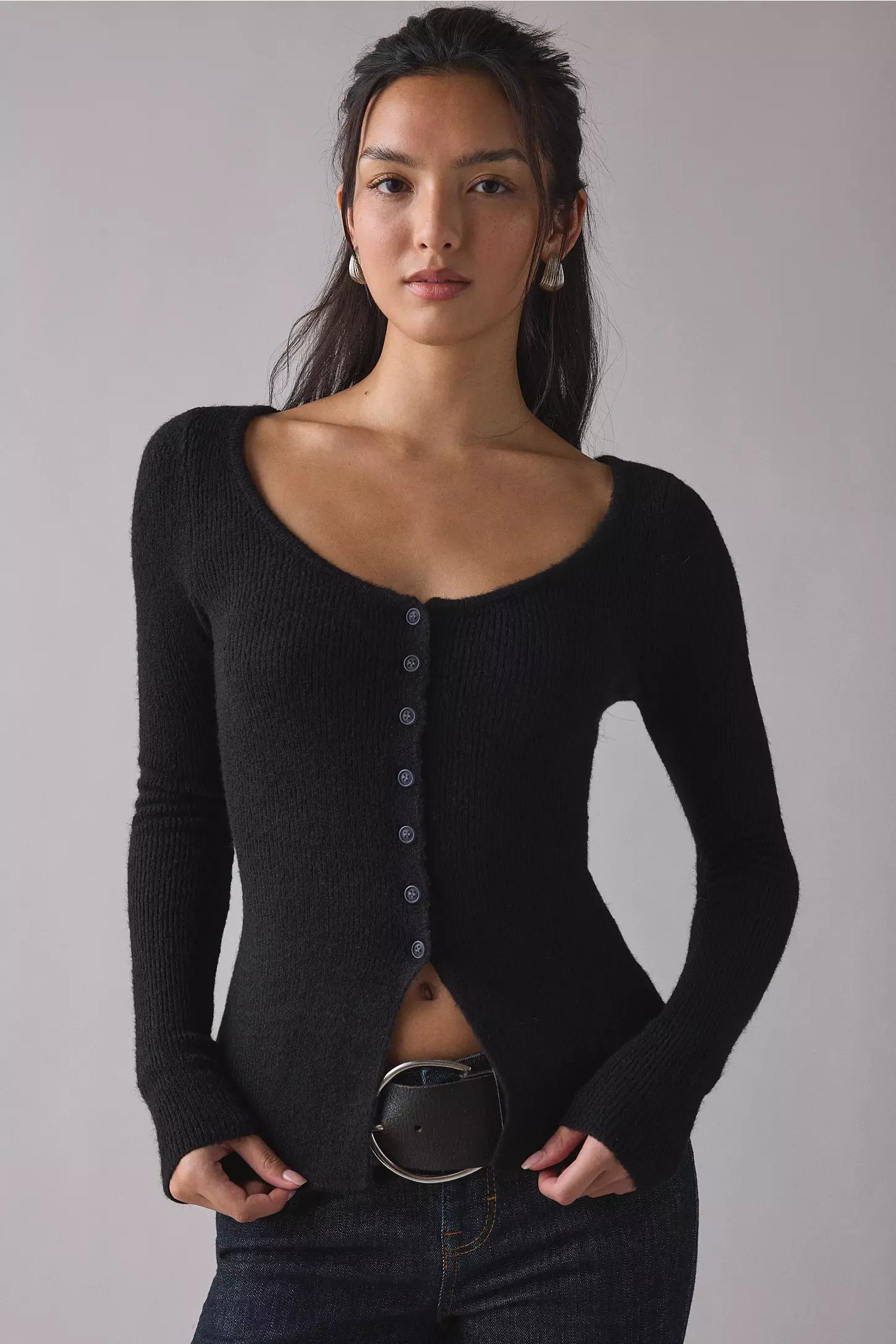 Scoop Neck Flyaway Hem Cardigan