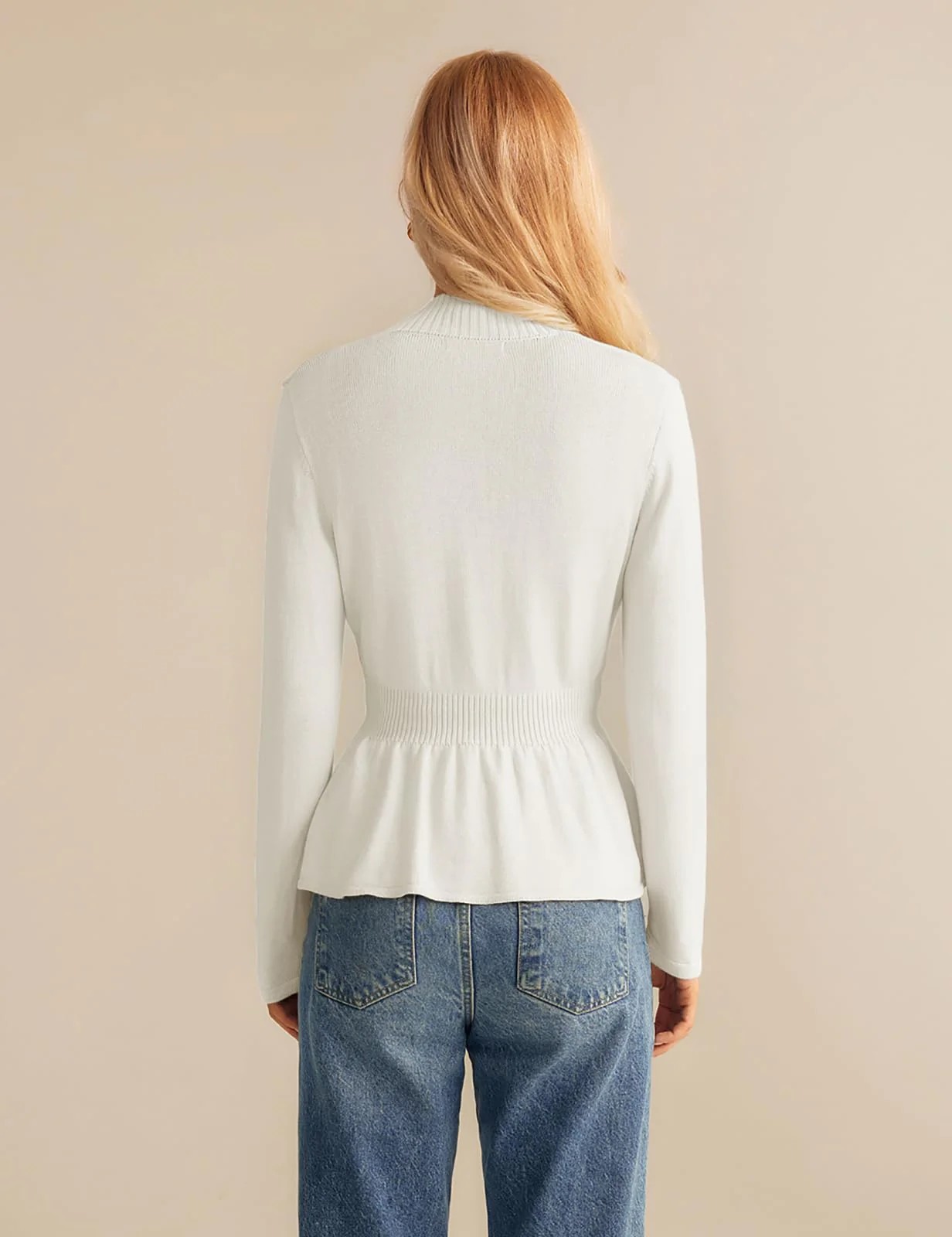 White Peplum Knit Cardigan Sweater with Horn Buttons