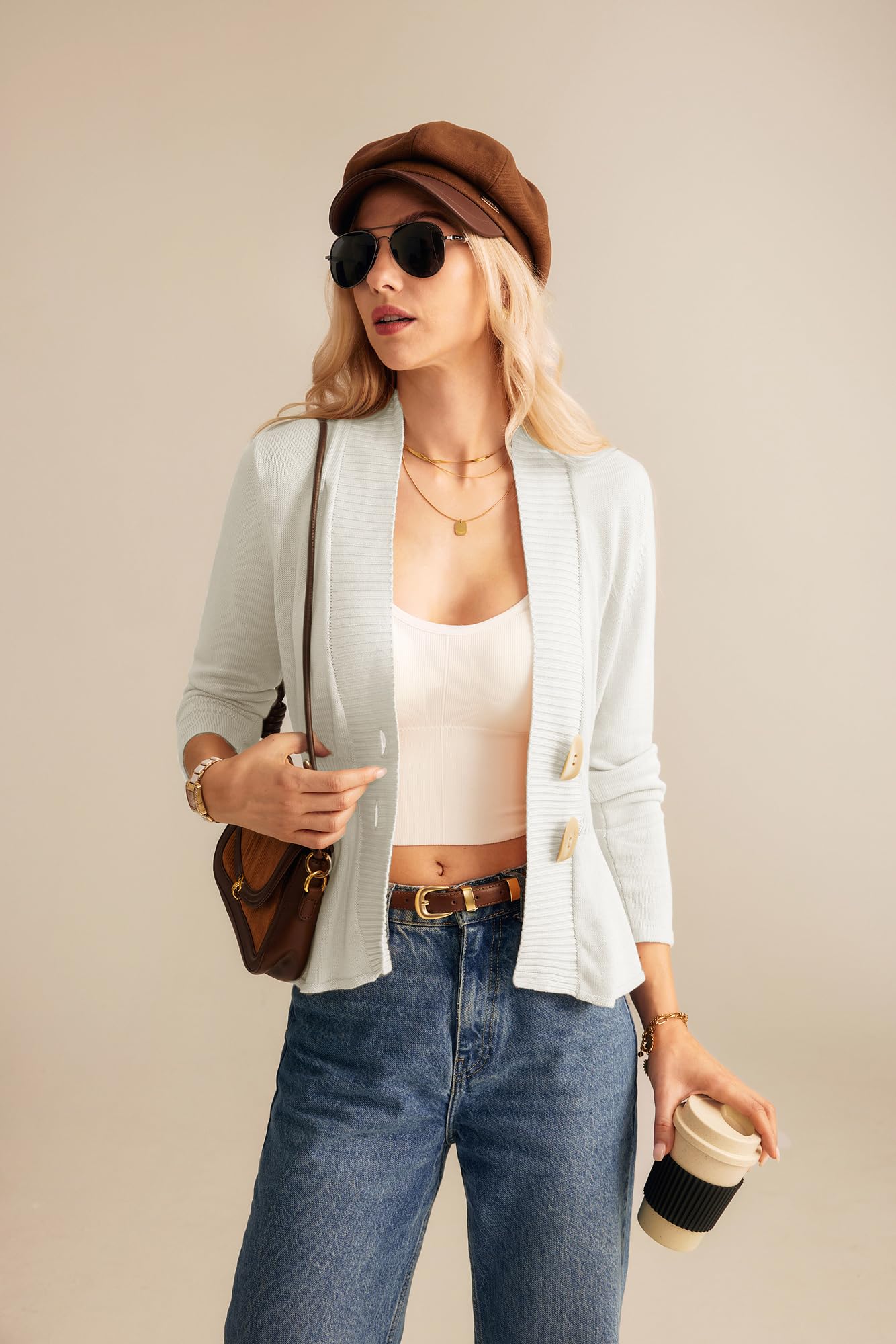 White Peplum Knit Cardigan Sweater with Horn Buttons