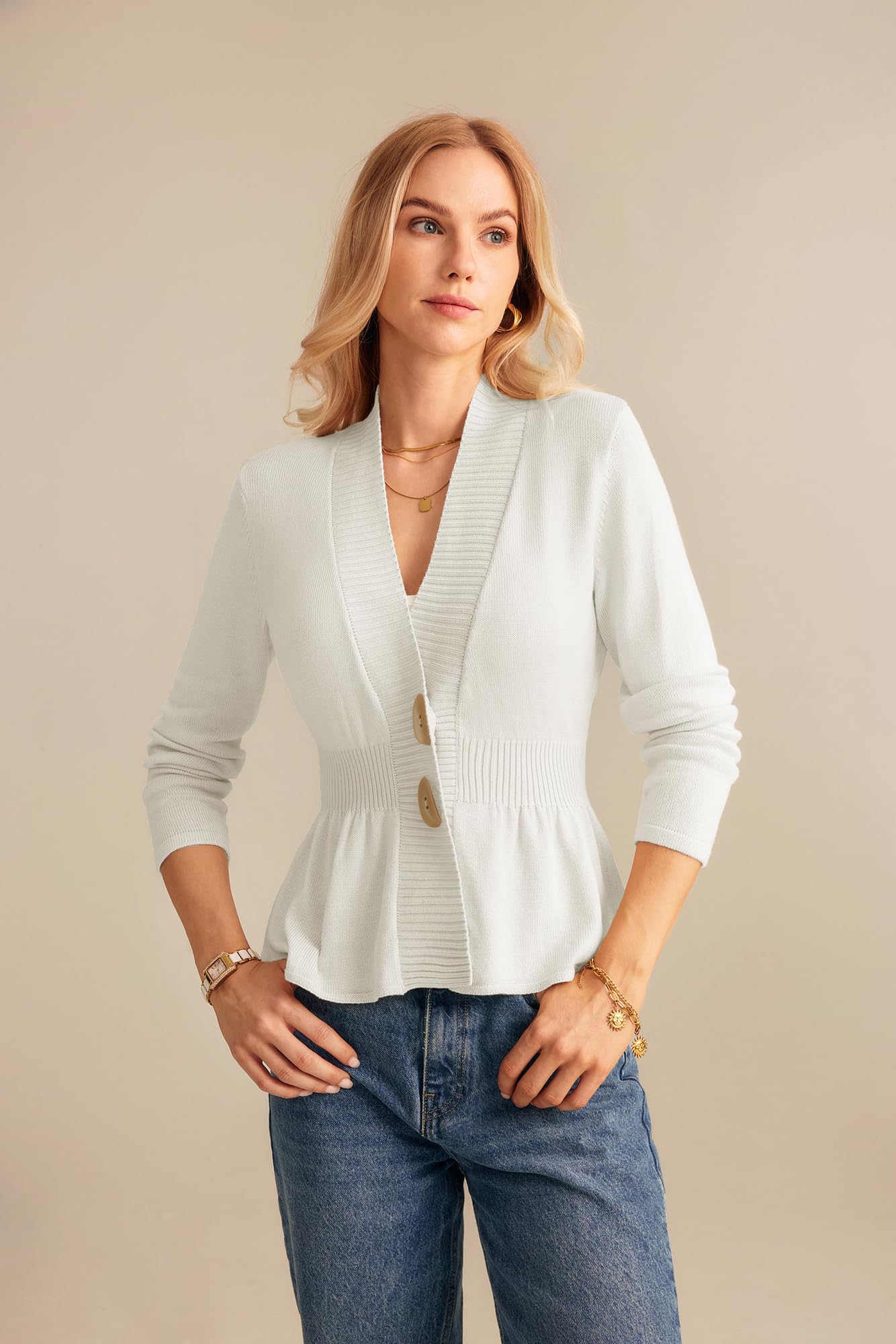White Peplum Knit Cardigan Sweater with Horn Buttons