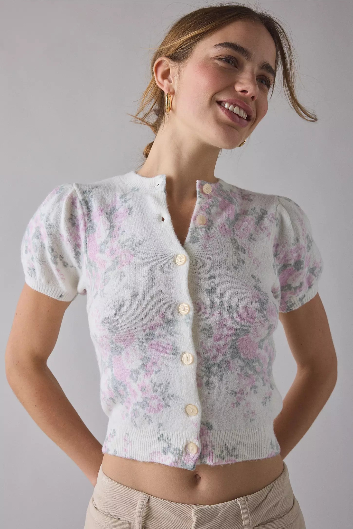 Yellow Puff Short Sleeve Printed Cardigan