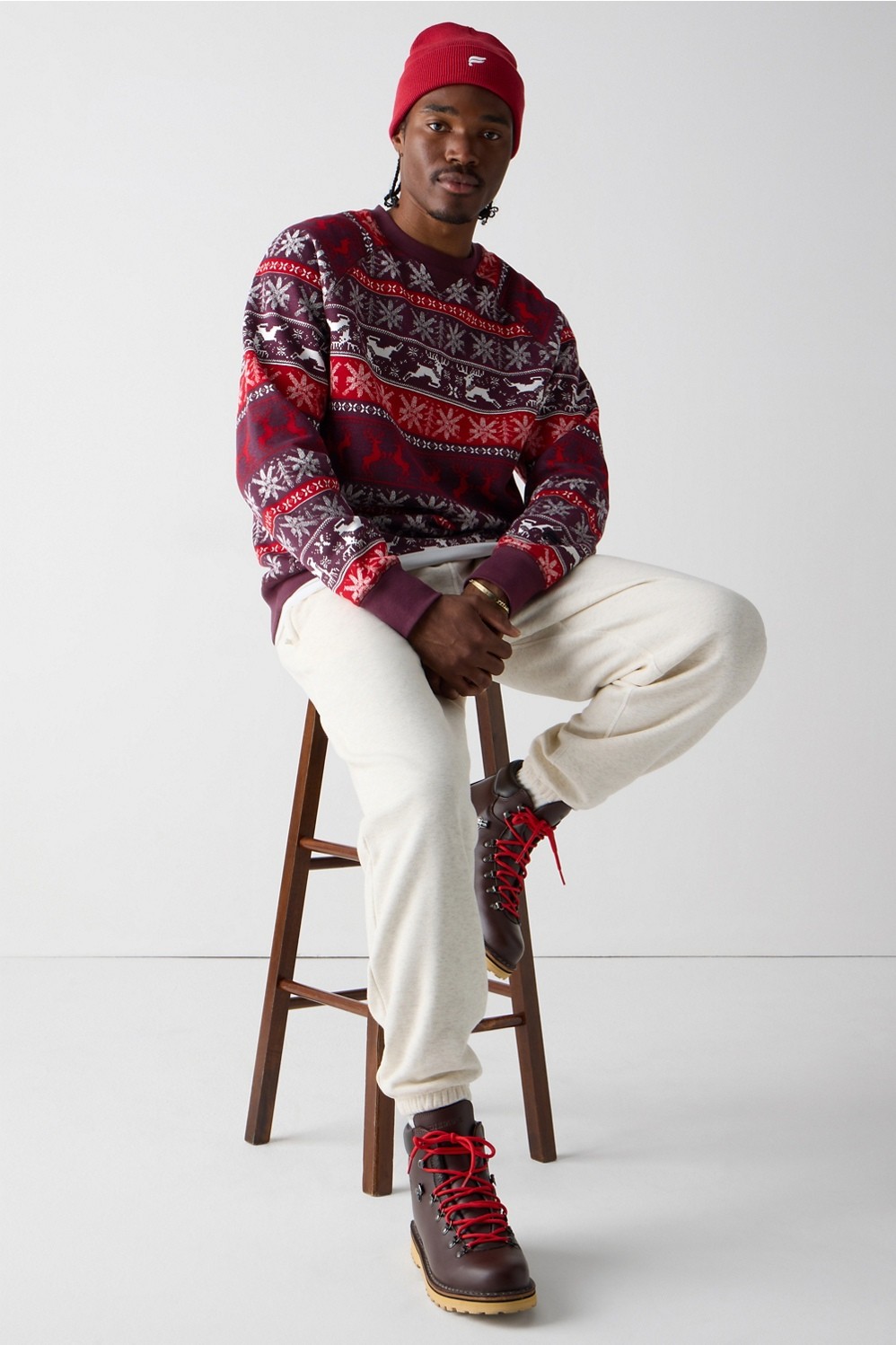 Burgundy Reindeer Fair isle Fleece Crewneck