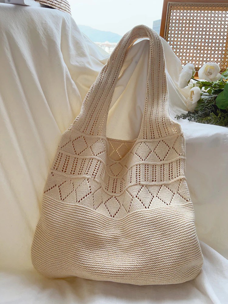 Minimalist Textured Knitted Cotton Shoulder Tote