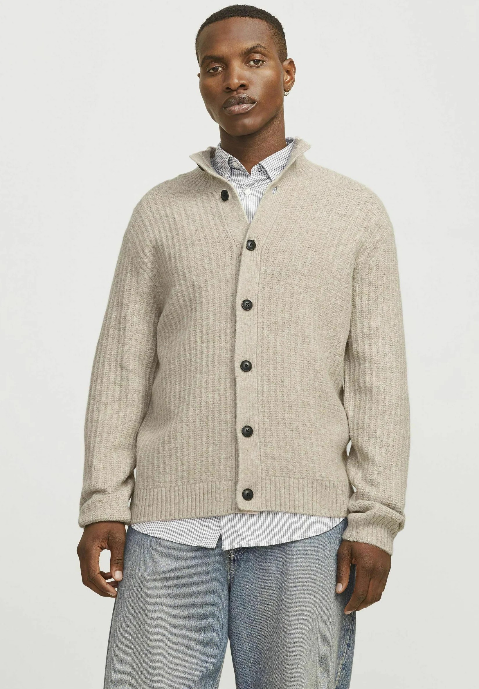 Heather Beige High-Collar Cardigan