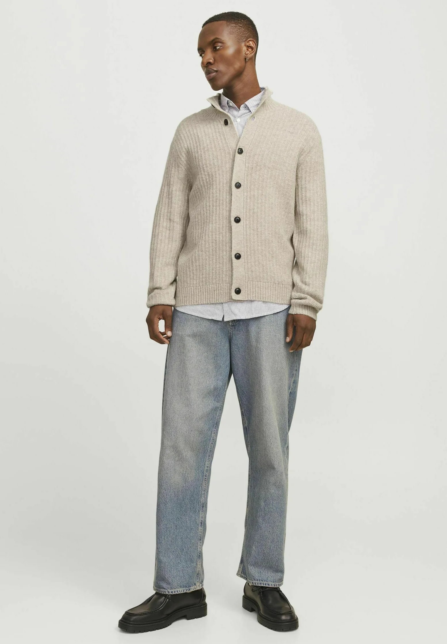 Heather Beige High-Collar Cardigan