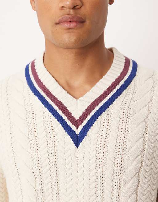 Heritage Striped Cable Knit V-Neck
