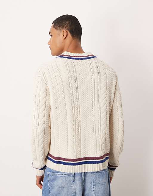 Heritage Striped Cable Knit V-Neck