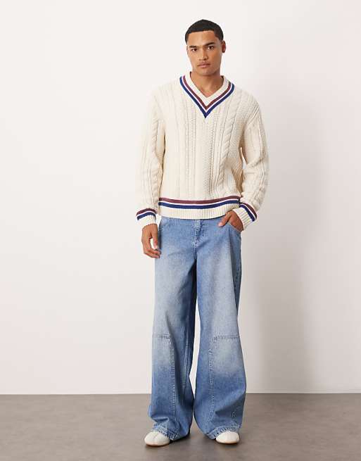 Heritage Striped Cable Knit V-Neck