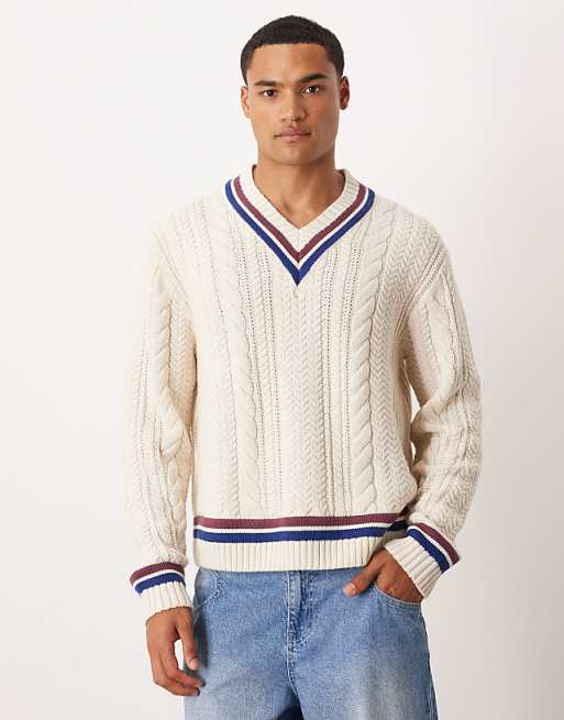 Heritage Striped Cable Knit V-Neck