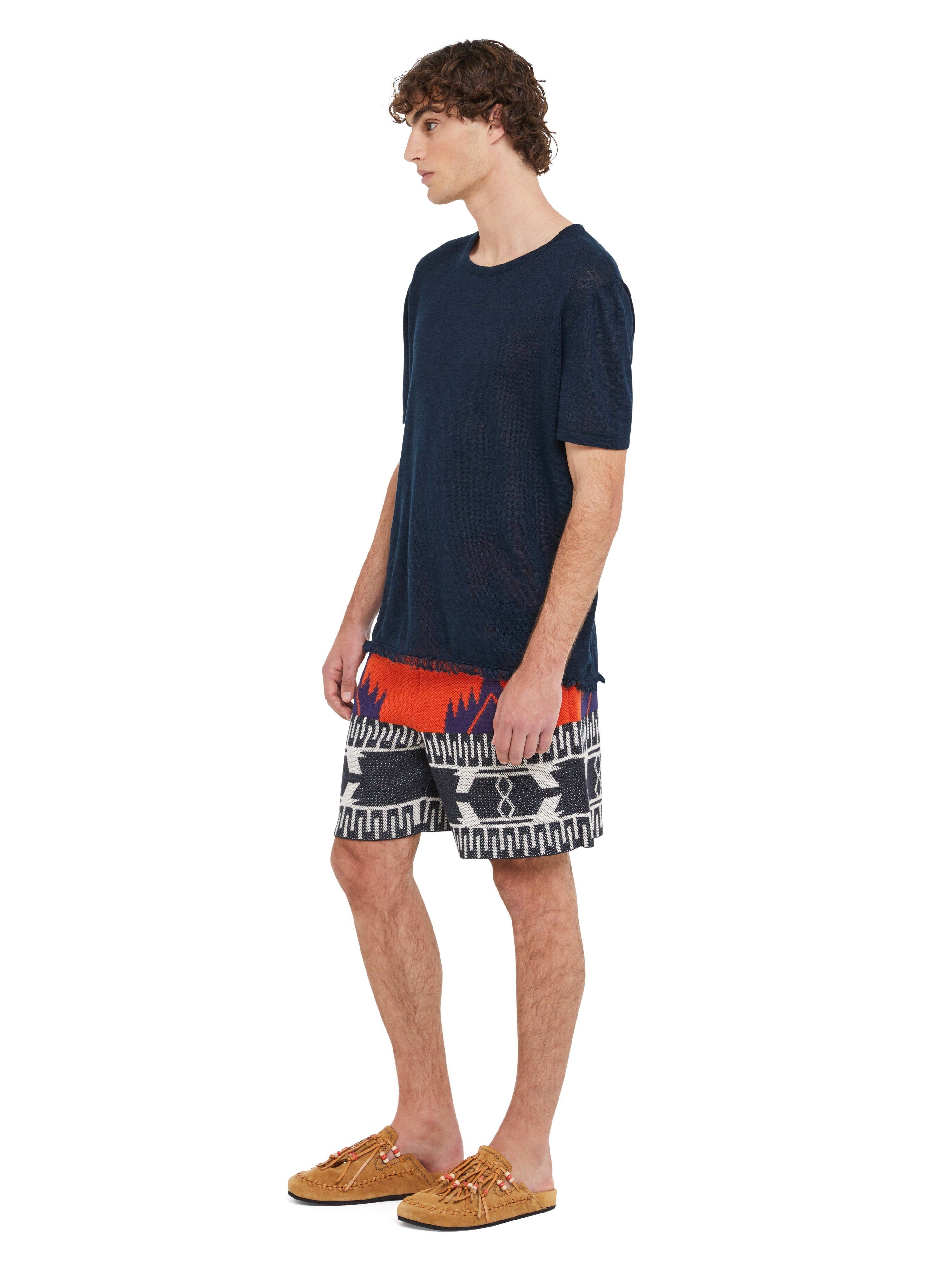 Deep Blue Linen Fringed T-Shirt