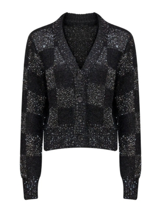 Black Sequin-Embellished V-Neck Plaid Cardigan