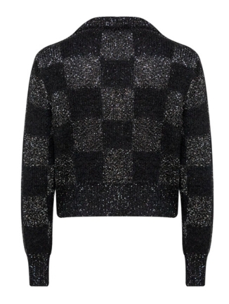 Black Sequin-Embellished V-Neck Plaid Cardigan