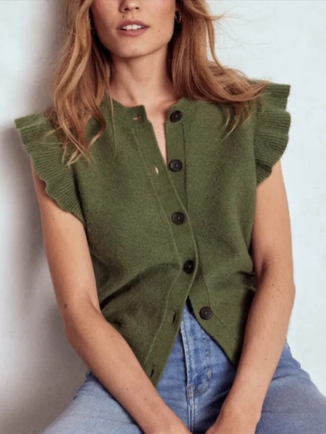 Green Ruffle Sleeve Cotton Knit Cardigan