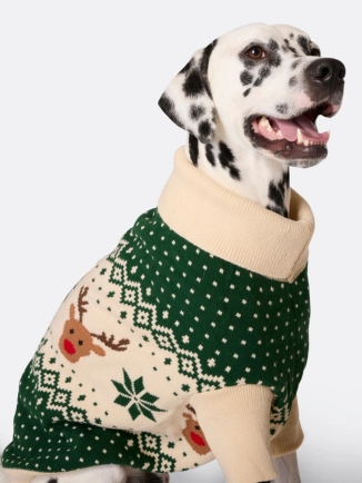 Green Retro Reindeer Jacquard Dog Jumper