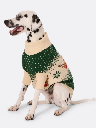 Green Retro Reindeer Jacquard Dog Jumper