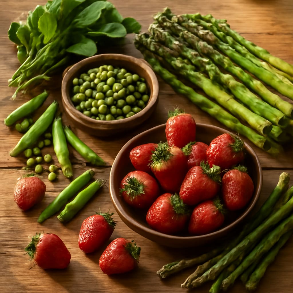 Fruits et legumes de saison sur une table en bois rustique