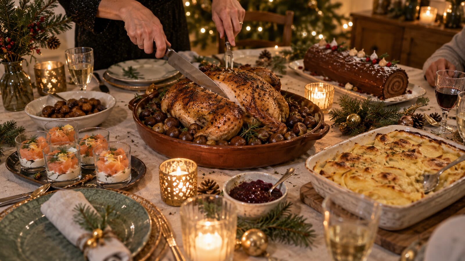 Une personne découpe une dinde aux marrons sur une table de Noël dressée, avec des verrines, un gratin, une bûche et des bougies