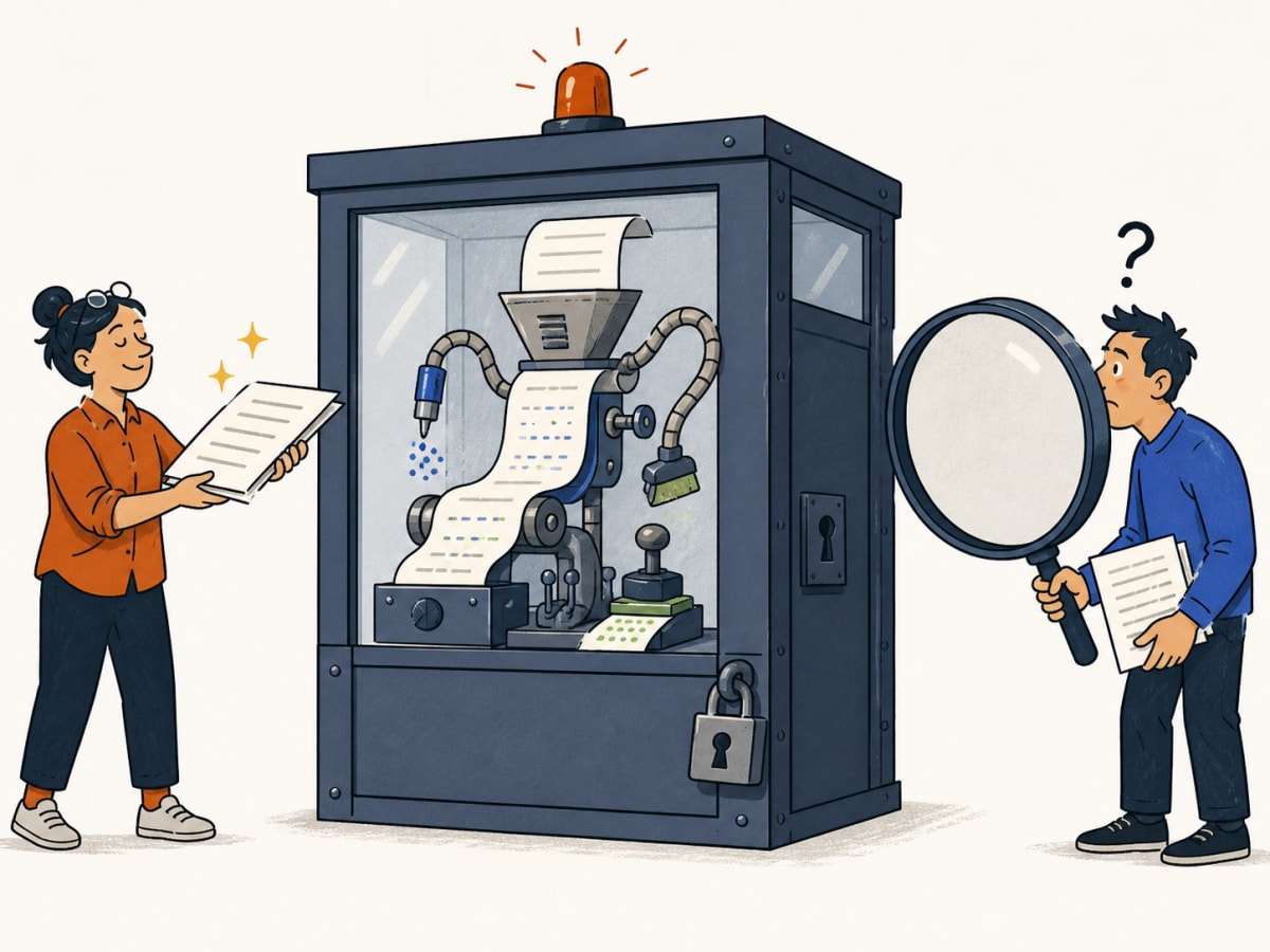 Claude can leave a machine-readable trace before the recipient has a practical way to inspect it. An editor hands a document into a sealed marking booth while a recipient tries to inspect the invisible provenance signal.
