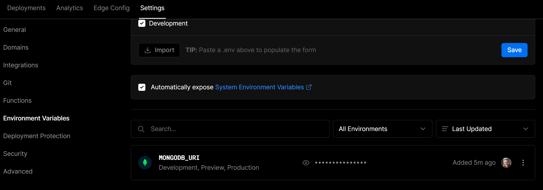 MongoDB URI environment variable