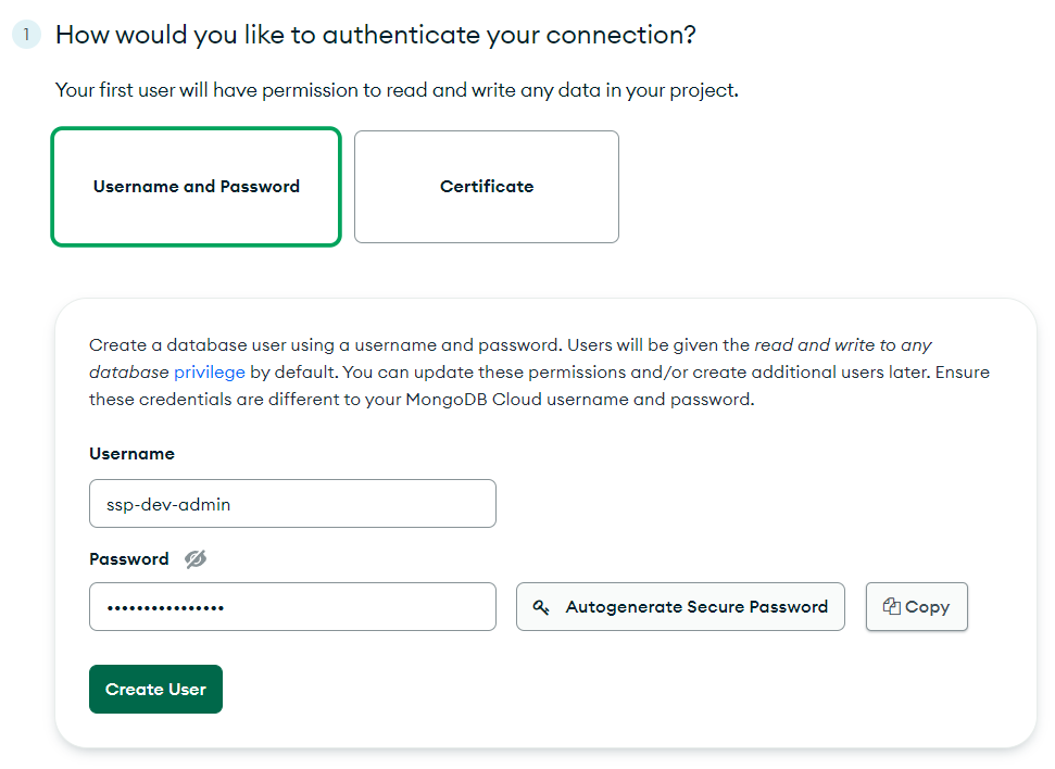 Atlas Development Database Credentials