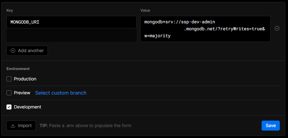 Vercel Development Environment Variable