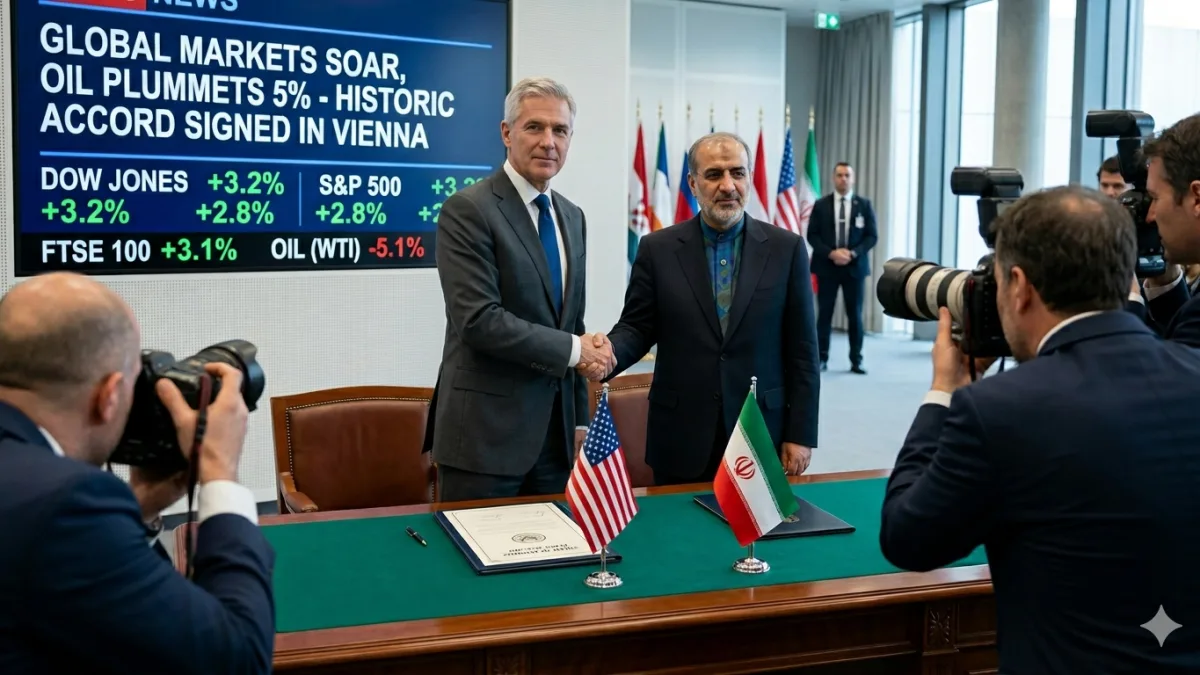 Global Markets Soar, Oil Plummets 5% as US and Iran Forge Historic Strait of Hormuz Peace Accord - Featured journalistic depiction on ZENTIQ NEWS Portal
