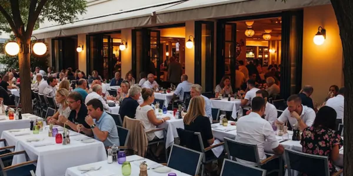 Una vista panorámica o de ángulo amplio que muestre el ambiente del restaurante, preferiblemente con clientes disfrutando de sus comidas. Podría ser u