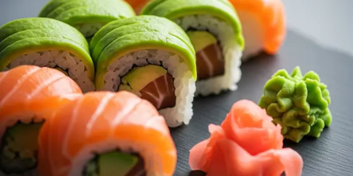 Una toma de primer plano y artística de un plato de sushi o sashimi bellamente presentado en un fondo minimalista y elegante. Los colores deben ser vi