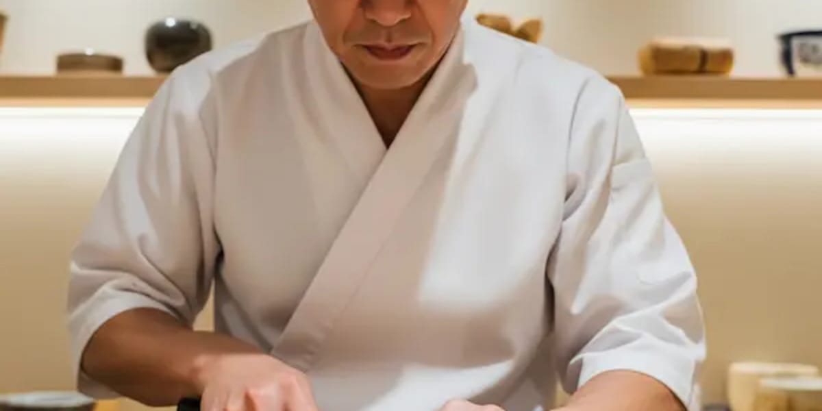n chef de sushi experimentado, con las manos en acción, preparando meticulosamente un rollo o cortando pescado. La imagen debería transmitir habilidad