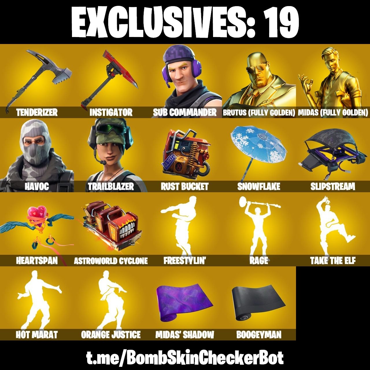 Fortnite Account ( PLAYSTATION / XBOX / PC / MOBILE / NINTENDO ) (Freestylin, Havoc, Take T, Trailblazer, Midas (Fully Golden) (143 Skins)