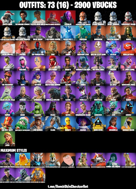Fortnite Account ( PLAYSTATION / XBOX / PC / MOBILE / NINTENDO ) (Aura, 2900VB, Krisabelle, Solid Snake, Slayer Juice Wrld, Holiday Boxy) (73 Skins)