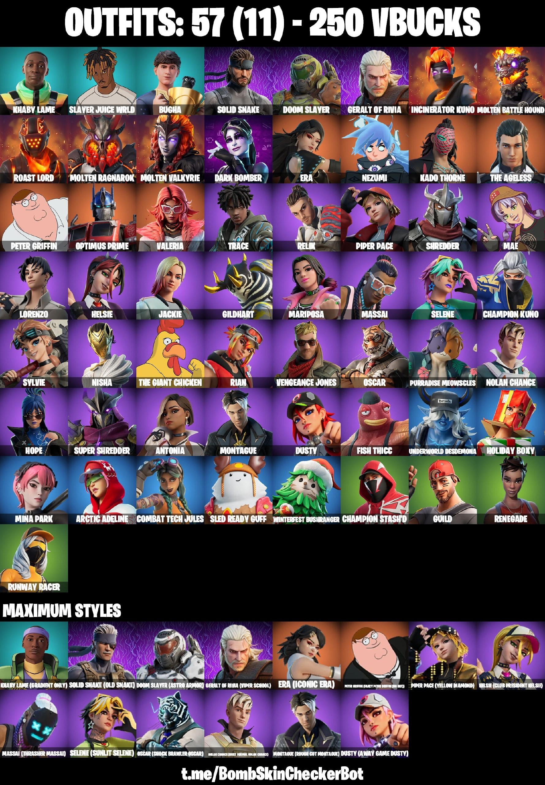 Fortnite Account ( PLAYSTATION / XBOX / PC / MOBILE / NINTENDO ) (Khaby Lame, Bugha, Doom Slayer, Geralt Of Rivia, Solid Snake, Slayer Juice Wrld) (57 Skins)