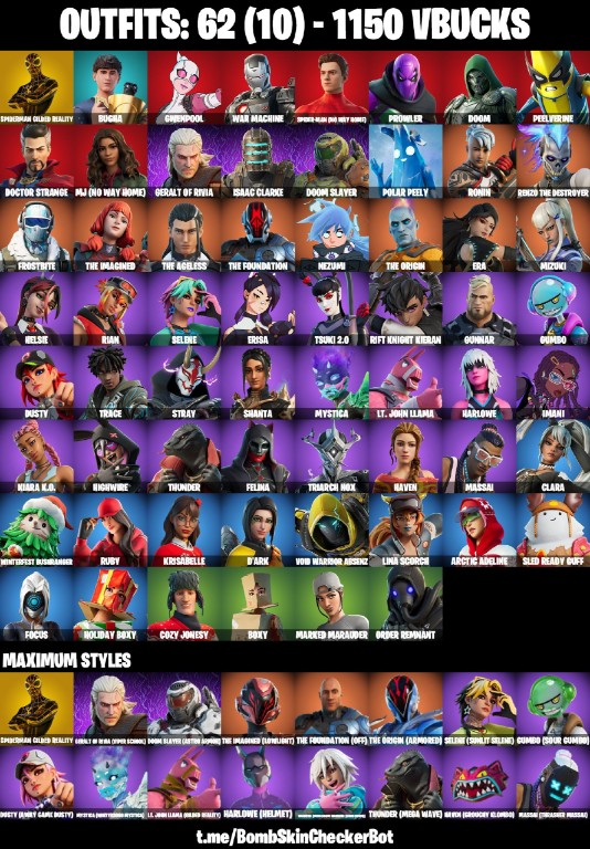 Fortnite Account ( PLAYSTATION / XBOX / PC / MOBILE / NINTENDO ) (Bugha, Spiderman (Gilded Reality)) (62 Skins)