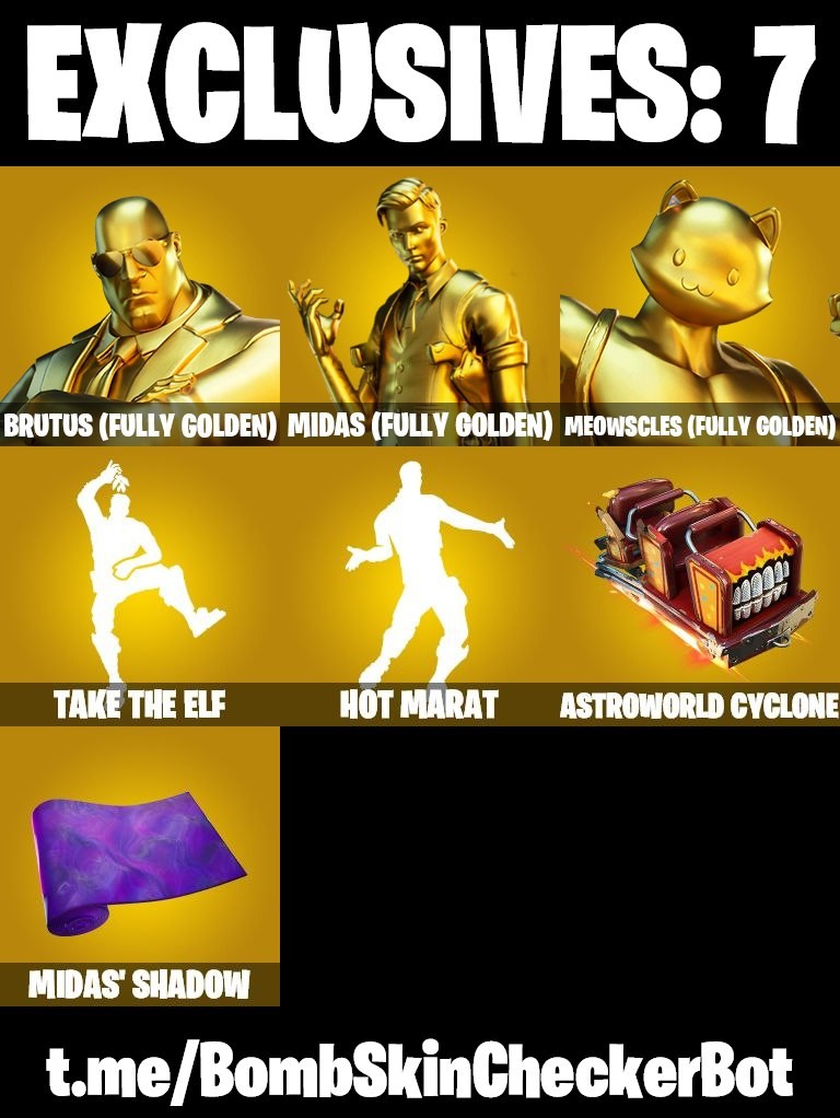 Fortnite Account ( PLAYSTATION / XBOX / PC / MOBILE / NINTENDO ) (Brutuf (Fully Golden), Midas (Fully Golden), Midas Shadow) (45 Skins)