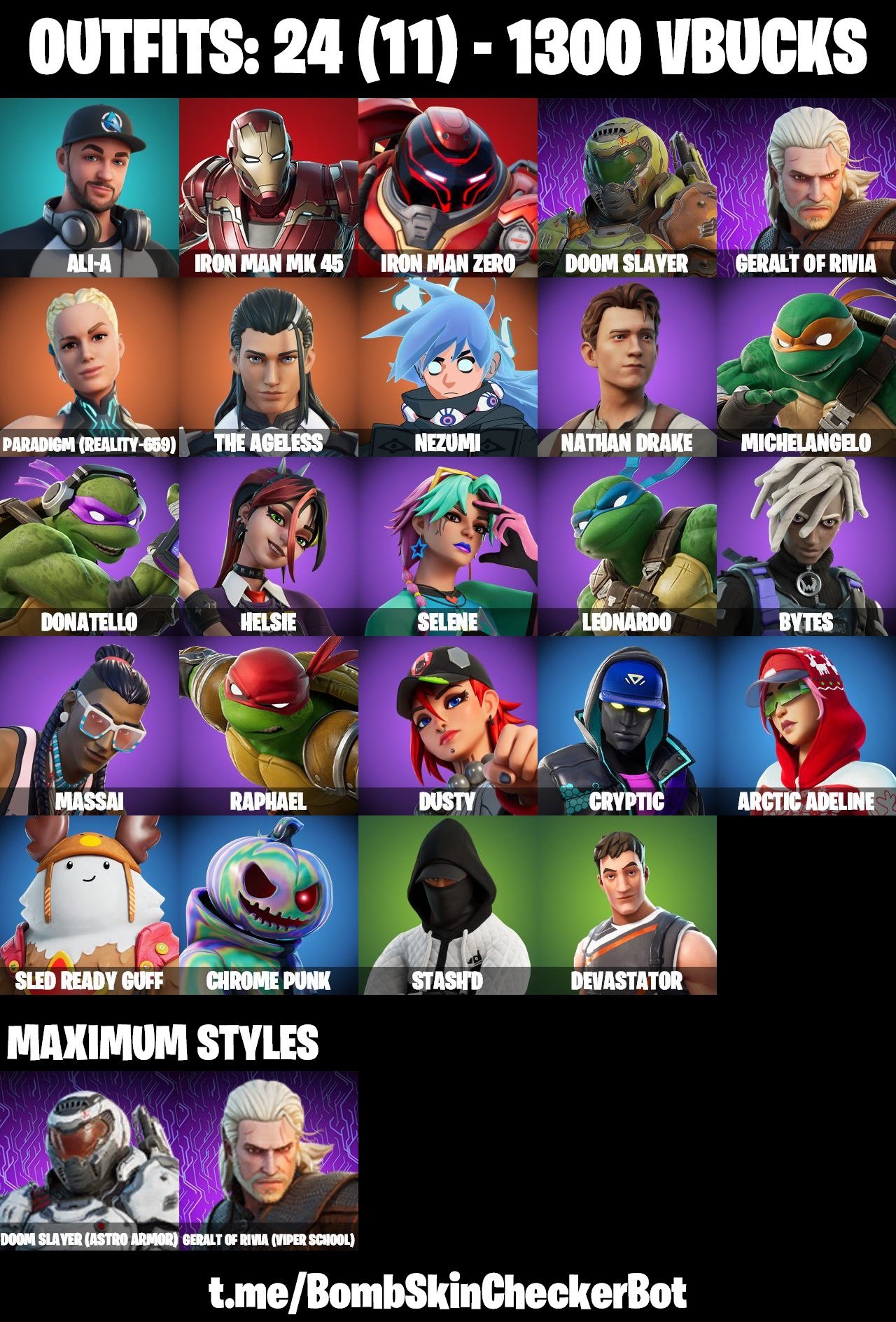 Fortnite Account ( PLAYSTATION / XBOX / PC / MOBILE / NINTENDO ) (Doom Slayer, Geralt Of Rivia, Arctic Adeline, Sled Ready Guff) (24 Skins)