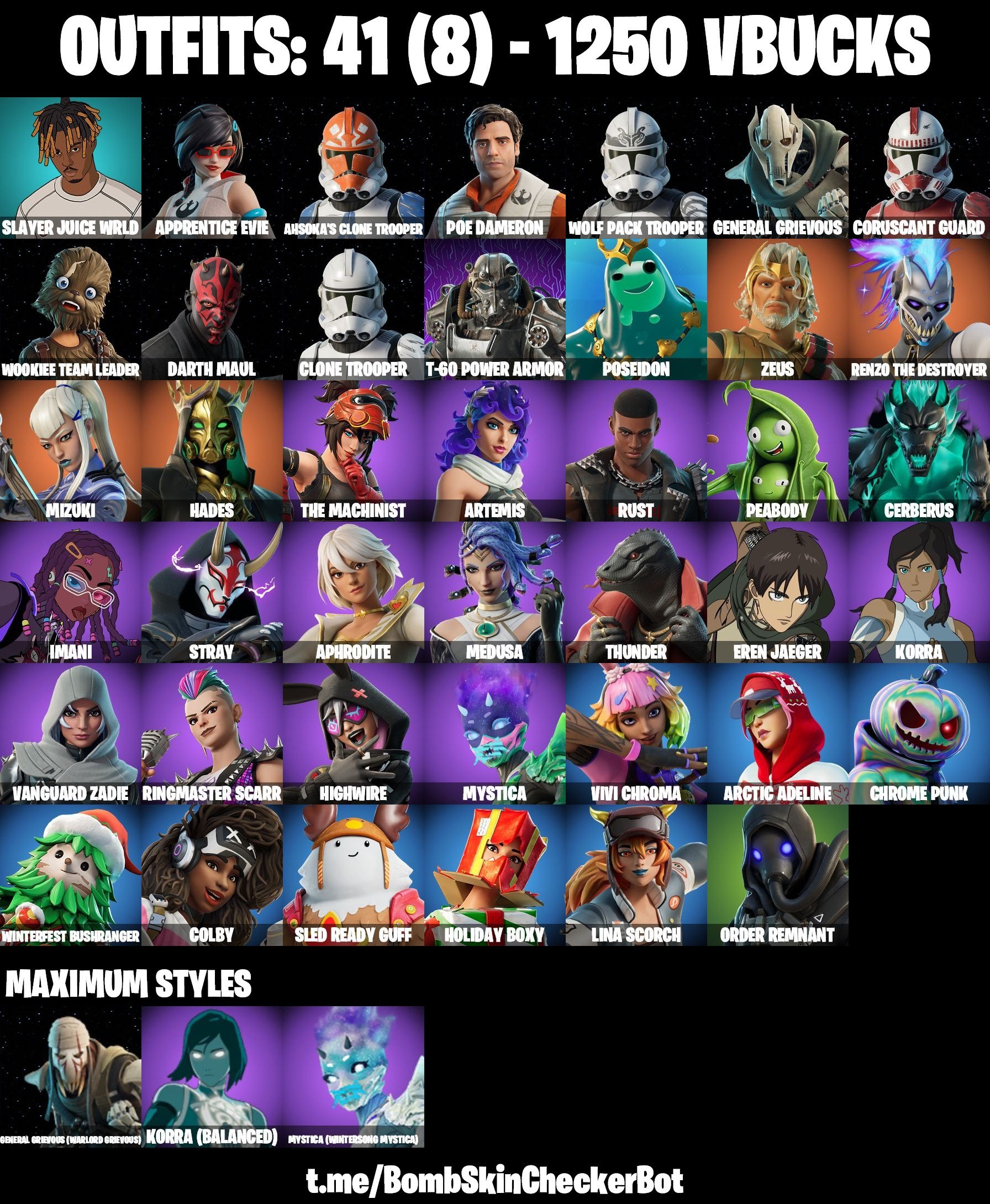 Fortnite Account ( PLAYSTATION / XBOX / PC / MOBILE / NINTENDO ) (1250VB, Eren Jaeger, Darth Maul, Slayer Juice Wrld, Arctic Adeline) (41 Skins)