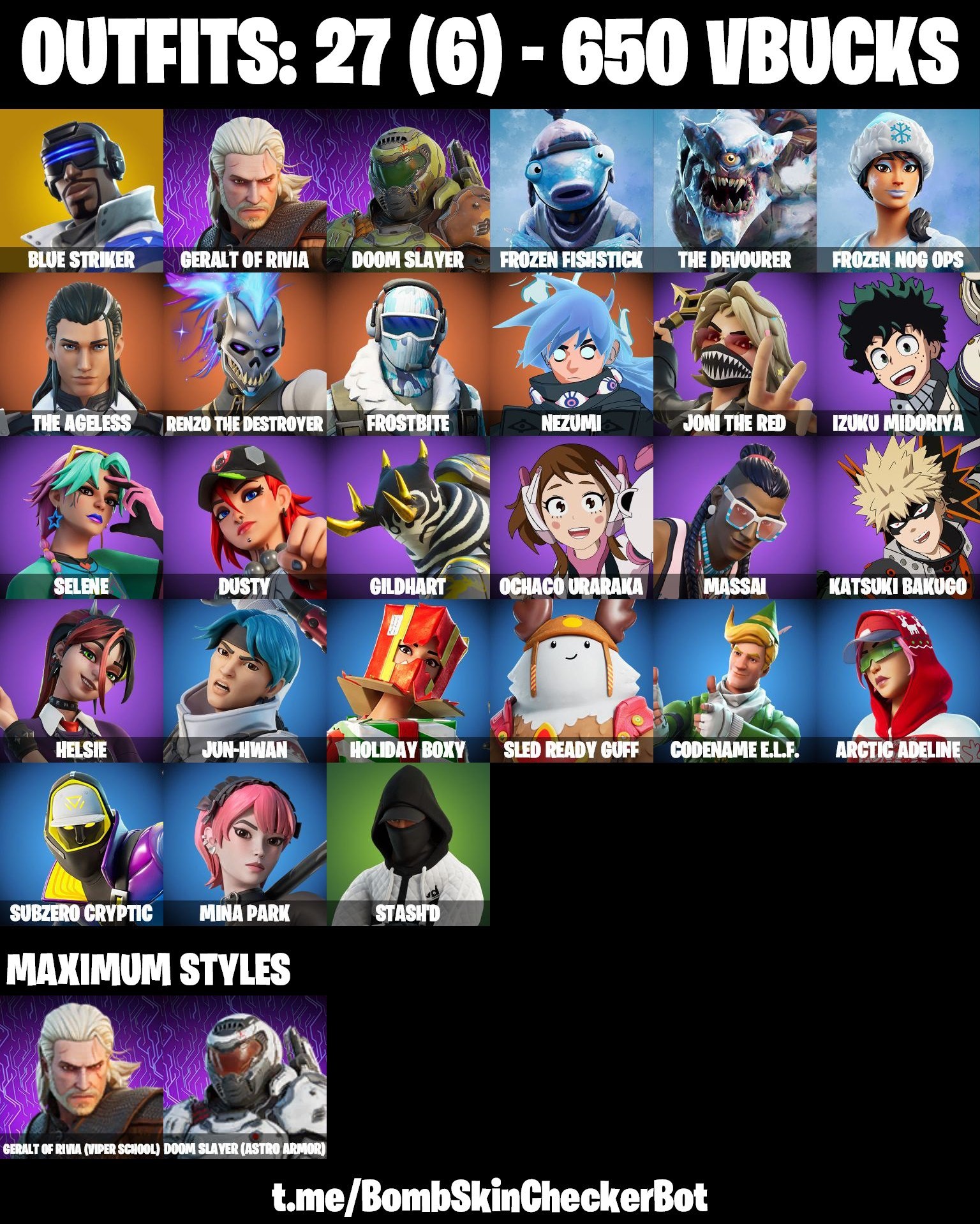 Fortnite Account ( PLAYSTATION / XBOX / PC / MOBILE / NINTENDO ) (Blue Striker, Izuku Midoriya, Ochaco Uraraka, Katsuki Bakugo, Doom Slayer, Geralt Of Rivia, Arctic Adeline) (27 Skins)