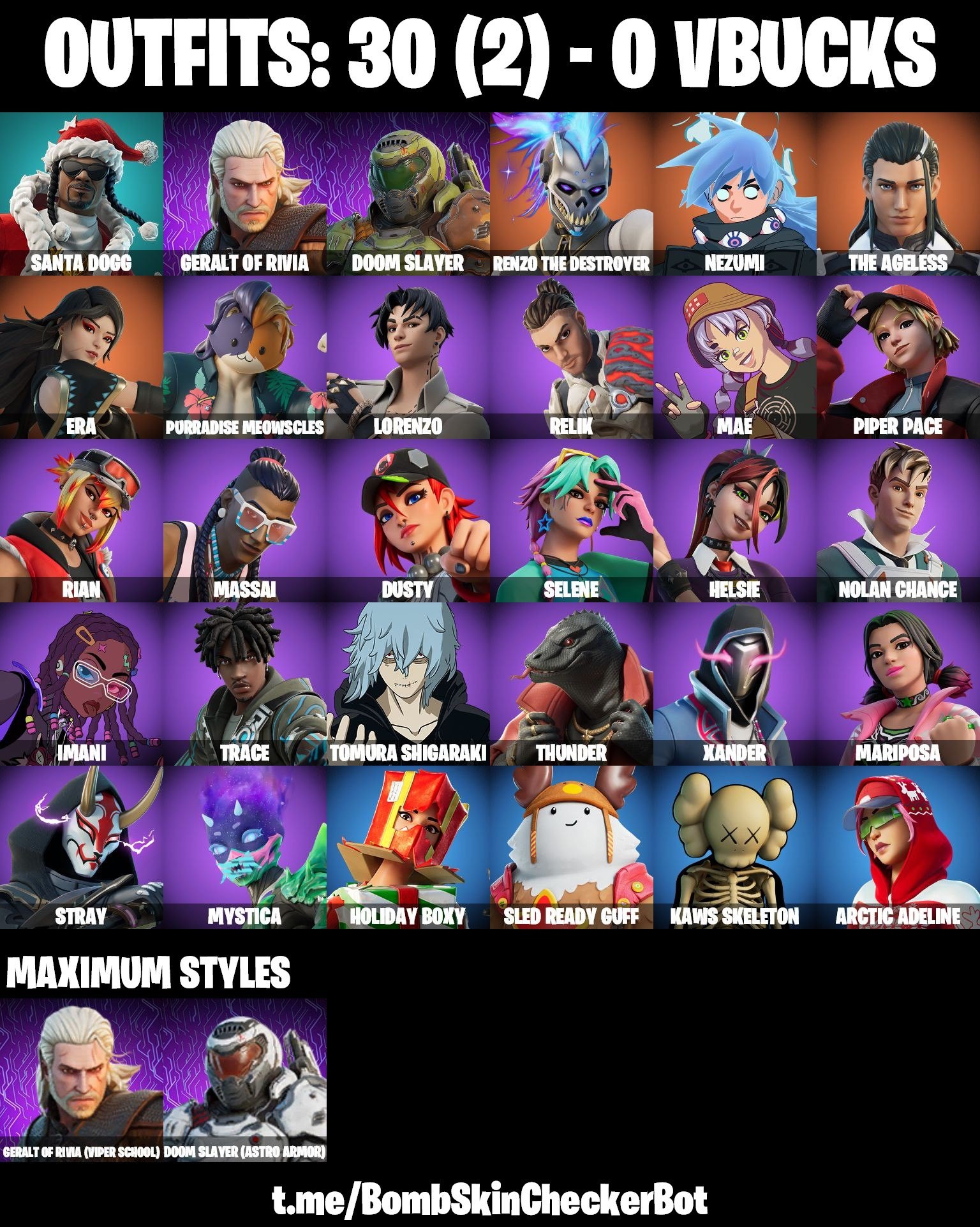 Fortnite Account ( PLAYSTATION / XBOX / PC / MOBILE / NINTENDO ) (Doom Slayer, Geralt Of Rivia, Arctic Adeline, Sled Ready Guff, Holiday Boxy) (30 Skins)