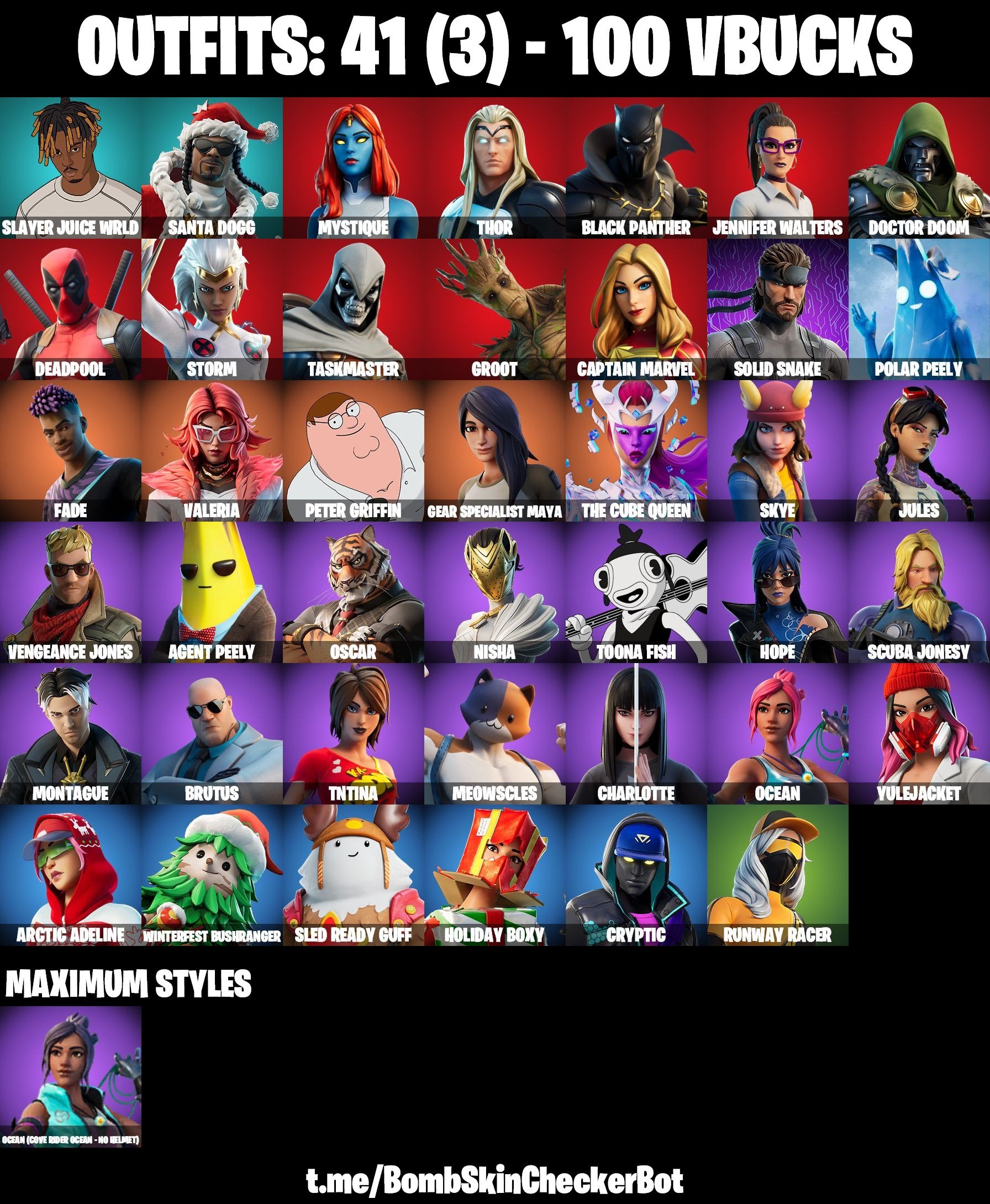 Fortnite Account ( PLAYSTATION / XBOX / PC / MOBILE / NINTENDO ) (Jules, Polar Peely, Toona Fish, Jennifer Walters, Solid Snake, Ocean) (41 Skins)