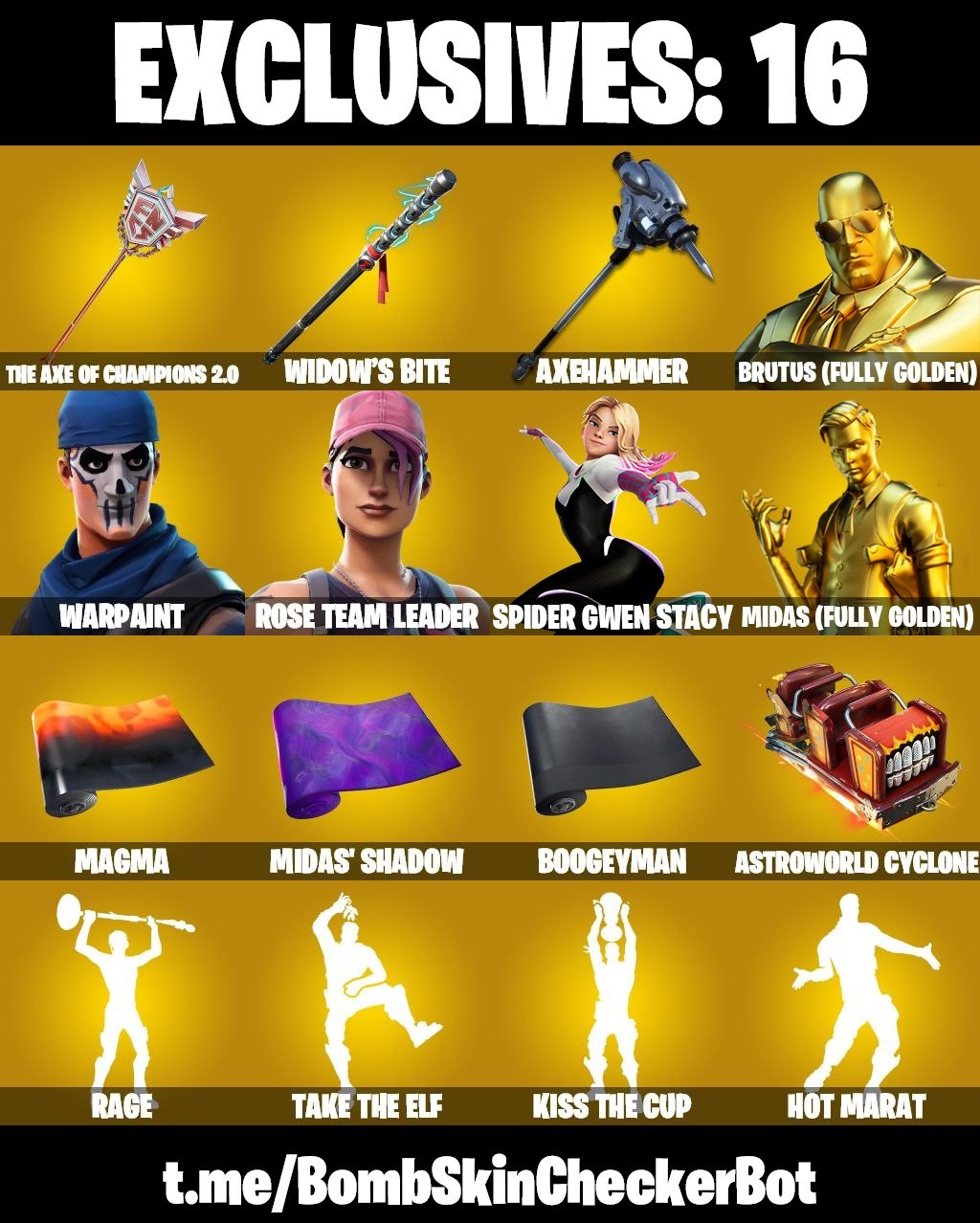 Fortnite Account ( PLAYSTATION / XBOX / PC / MOBILE / NINTENDO ) (Axehammer, Spidergwen (Stacy), Hot Marat, OG STW, Kiss The Cup, Rage, Midas (Fully Golden), Dynamo Dancer, Harley Hitter) (240 Skins)