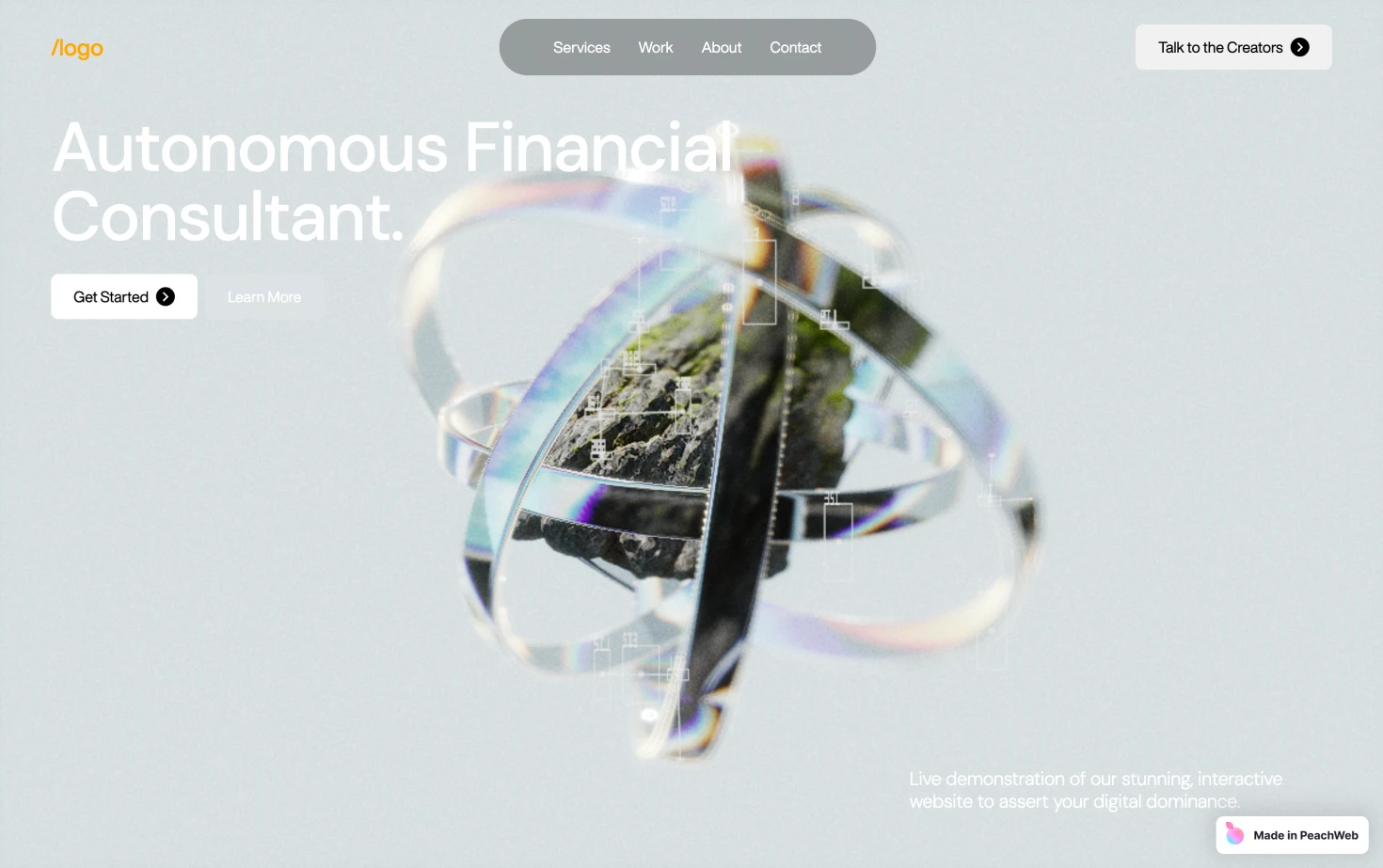 Autonomous Financial Consultant: visually stunning, interactive websites made to assert digital dominance and captivate audiences, with a high-contrast monochromatic aesthetic and weathered mineral centerpiece, representing raw nature and AI.