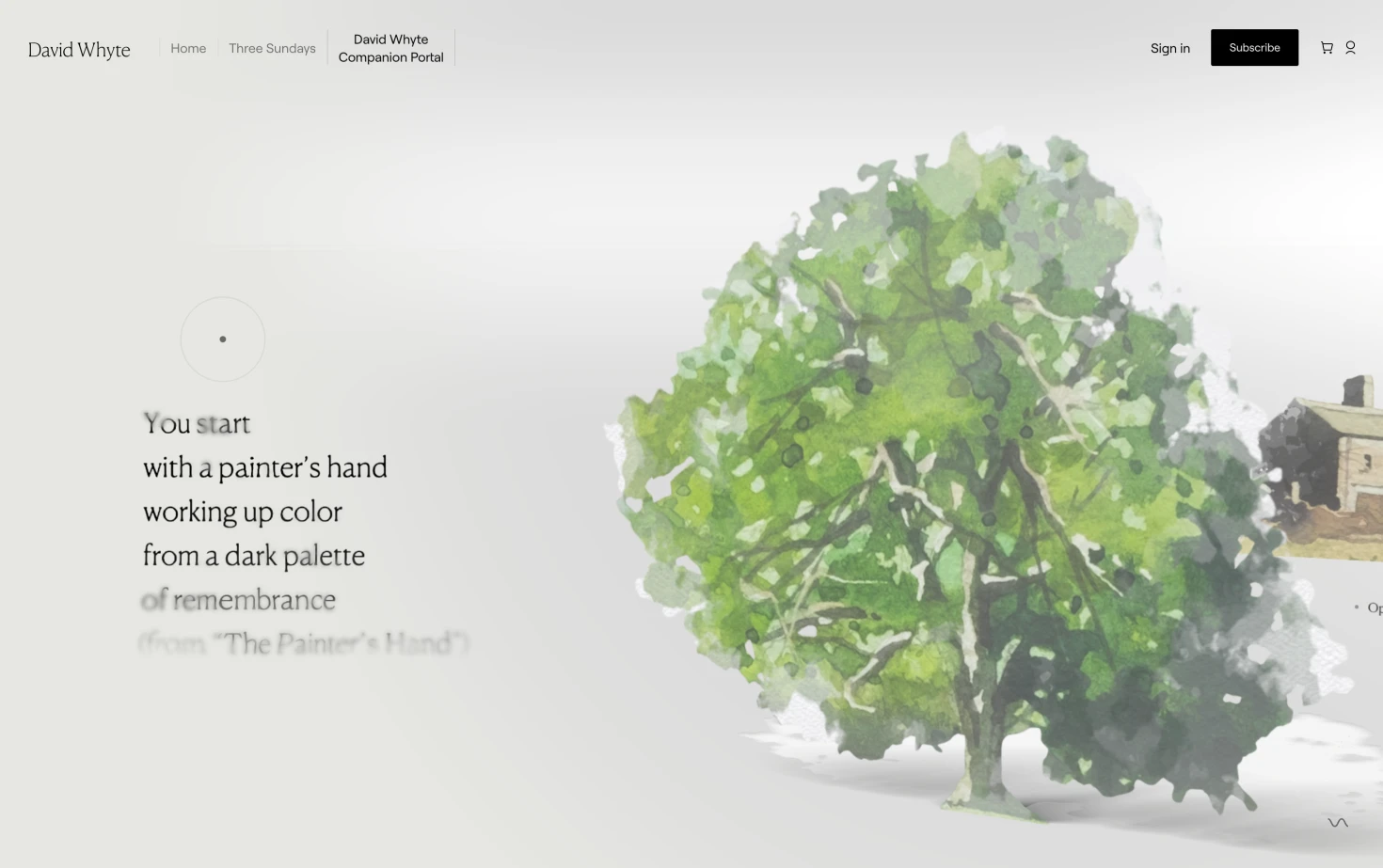 The opening watercolor experience that introduces David Whyte's online Companion Portal.
