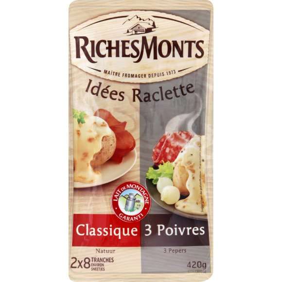 Riches Monts Fromage à raclette sans croûte 3 poivres et classique 