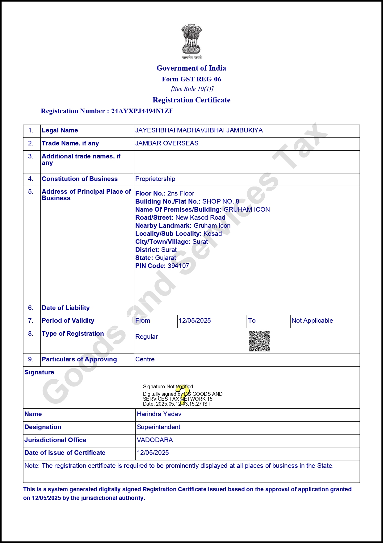 Registration Certificate