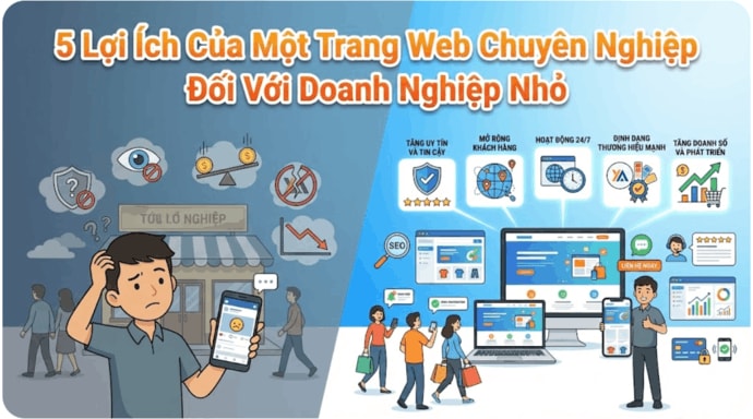 Minh họa 2D so sánh doanh nghiệp nhỏ trước và sau khi có website chuyên nghiệp, thể hiện 5 lợi ích như tăng uy tín, mở rộng khách hàng và tăng trưởng doanh thu.