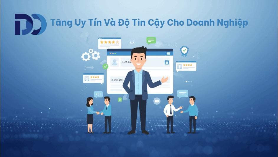 Minh họa hoạt hình 2D về doanh nghiệp Việt Nam xây dựng uy tín và độ tin cậy thông qua website chuyên nghiệp, giao diện hiện đại, đánh giá khách hàng tích cực và biểu tượng xác thực, trên nền xanh dương.