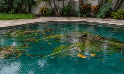 Palm fronds and tropical leaf debris floating on the surface of a Miami backyard pool during rainfall