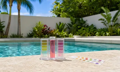 Test strip and liquid test kit resting on the coping of a clear blue Miami backyard pool