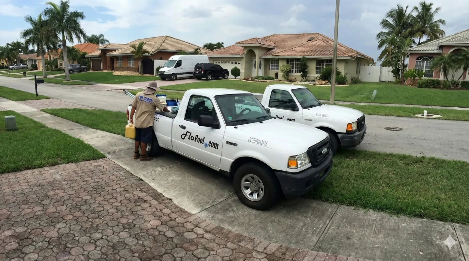 FloPool branded service trucks staged for South Miami routes